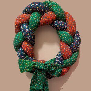 Vintage Calico Print Braided Fabric Tubes Wreath Cottage Grandma Christmas